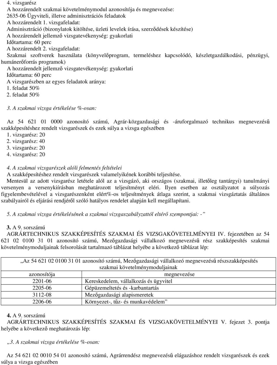 A szakmai vizsga értékelése %-osan: Az 54 621 01 0000 azonosító számú, Agrár-közgazdasági és -áruforgalmazó technikus megnevezéső szakképesítéshez rendelt vizsgarészek és ezek súlya a vizsga