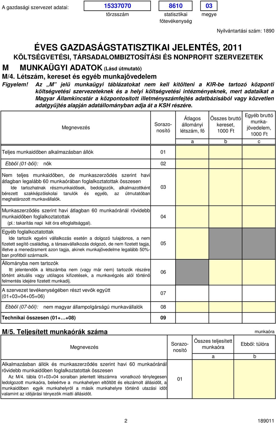 ÉVES GAZDASÁGSTATISZTIKAI JELENTÉS, 211 Az M jelű munkügyi táláztokt nem kell kitölteni KIR-e trtozó központi költségvetési szervezeteknek és helyi költségvetési intézményeknek, mert dtikt Mgyr