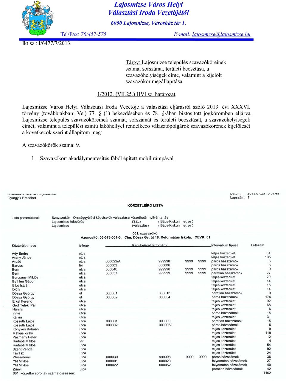 határozat Lajosmizse Város Helyi Választási Iroda Vezetője a választási eljárásról szóló 2013. évi XXXVI. törvény (továbbiakban: Ve.) 77. (1) bekezdésében és 78.