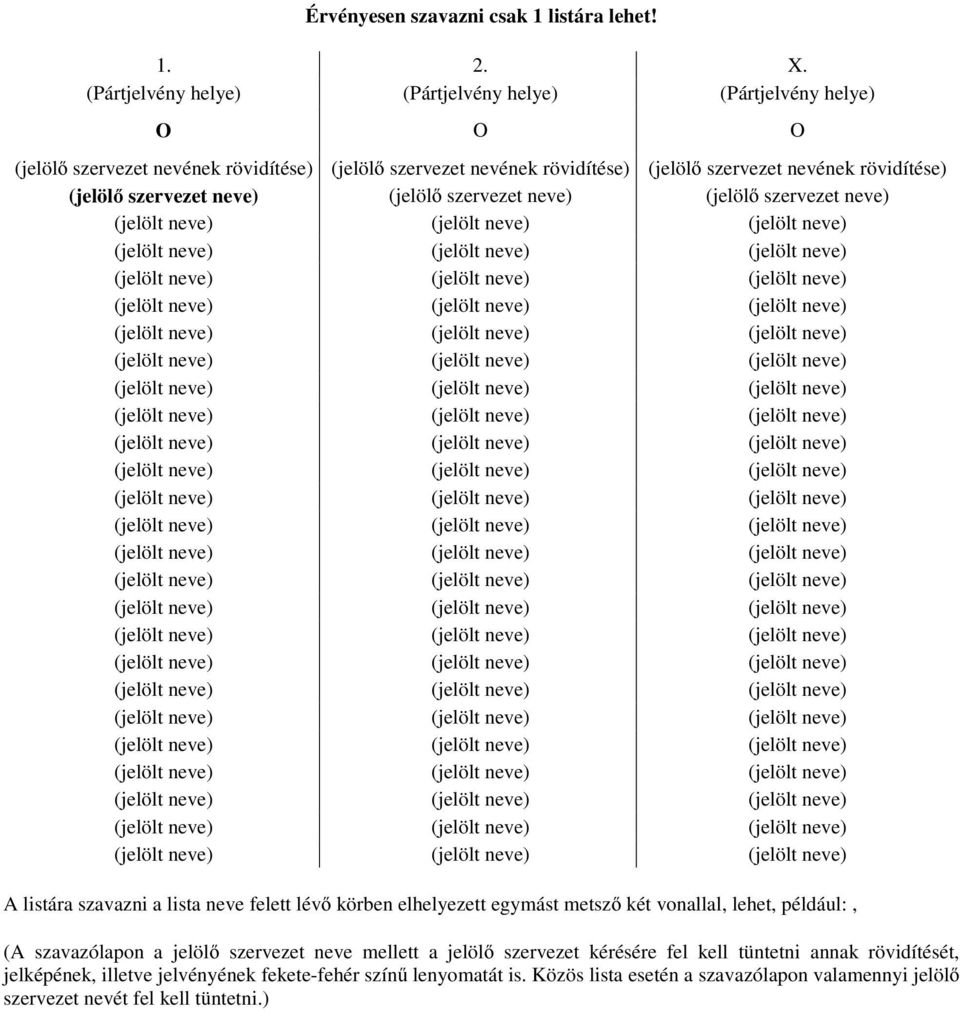 rövidítése) (jelölő szervezet neve) (jelölő szervezet neve) (jelölő szervezet neve) A listára szavazni a lista neve felett lévő körben elhelyezett egymást metsző két