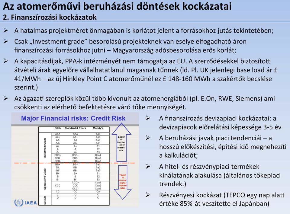 finanszírozási forrásokhoz jutni Magyarország adósbesorolása erős korlát; A kapacitásdíjak, PPA- k intézményét nem támogatja az EU.