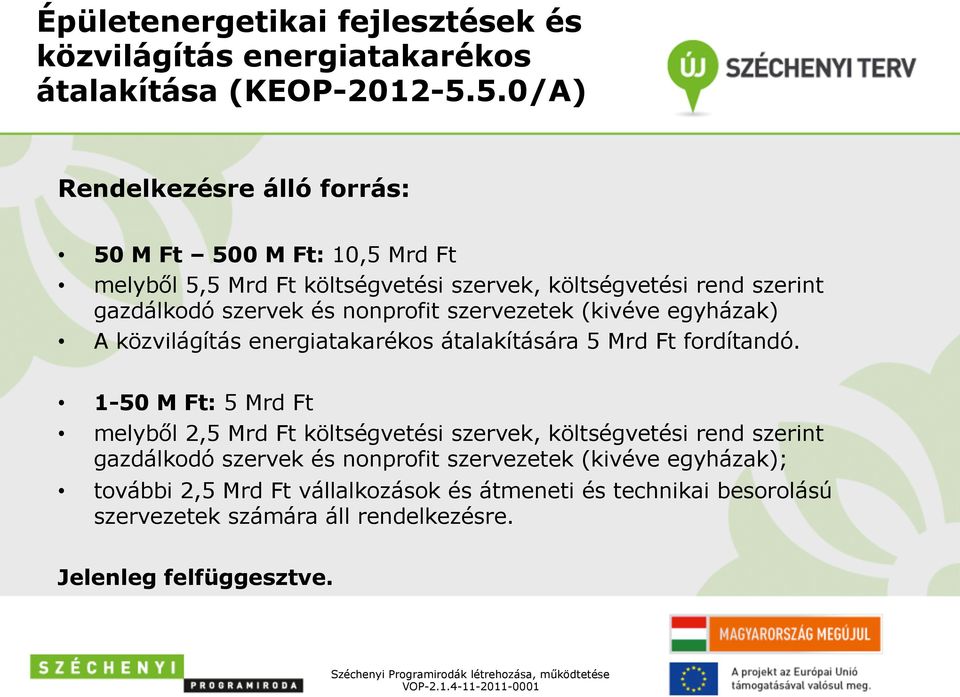 nonprofit szervezetek (kivéve egyházak) A közvilágítás energiatakarékos átalakítására 5 Mrd Ft fordítandó.