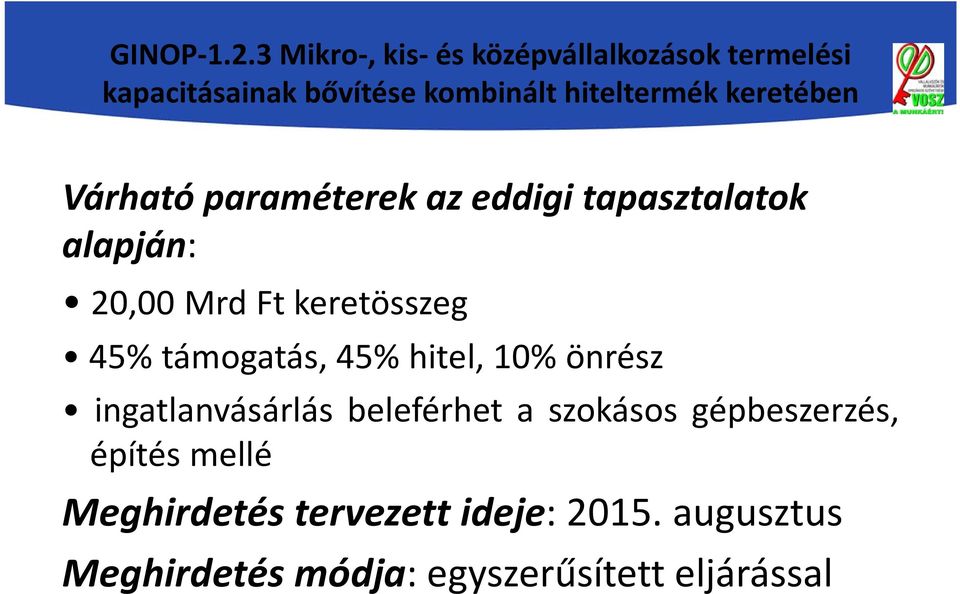 keretében Várható paraméterek az eddigi tapasztalatok alapján: 20,00 Mrd Ft keretösszeg 45%