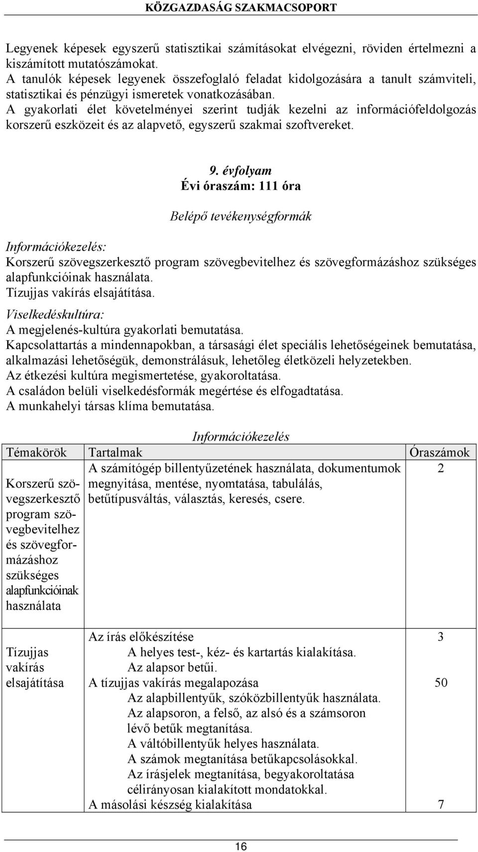 A gyakorlati élet követelményei szerint tudják kezelni az információfeldolgozás korszerű eszközeit és az alapvető, egyszerű szakmai szoftvereket. 9.