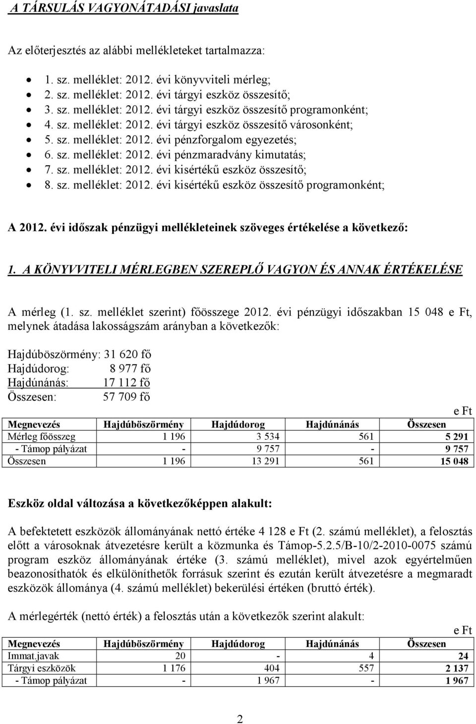 sz. melléklet: 2012. évi kisértékő eszköz összesítı programonként; A 2012. évi idıszak pénzügyi mellékleteinek szöveges értékelése a következı: 1.