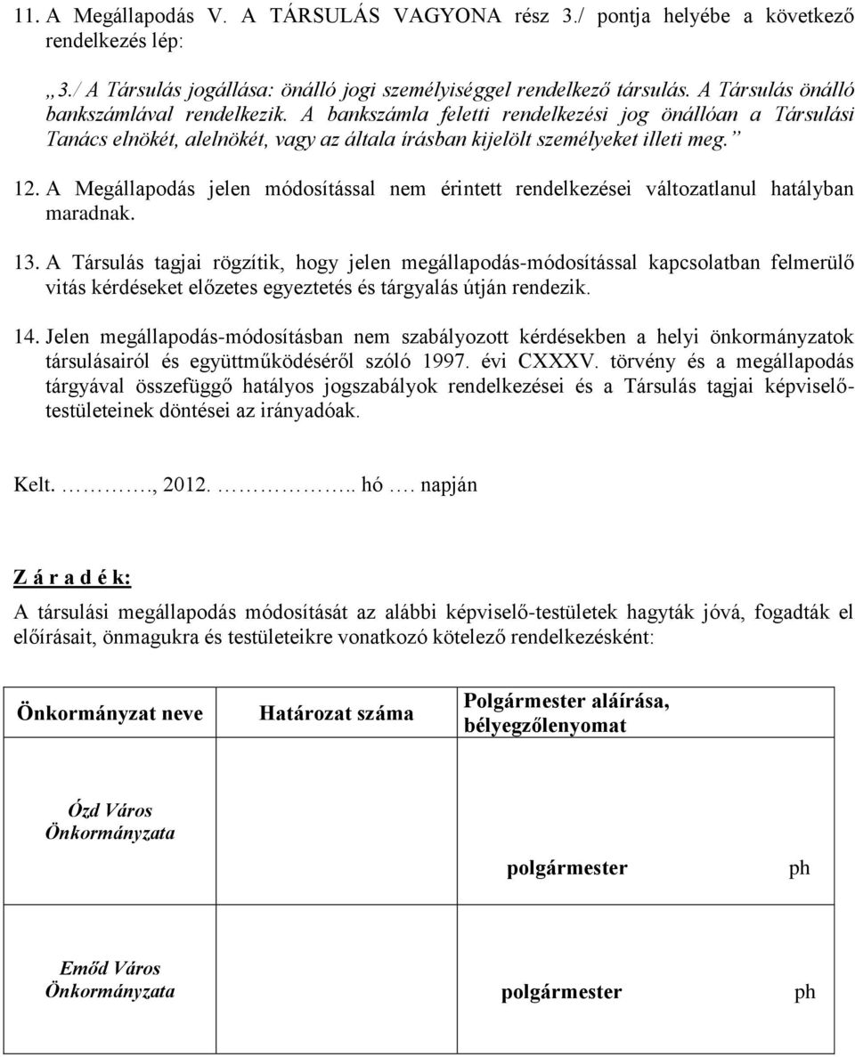 A Megállapodás jelen módosítással nem érintett rendelkezései változatlanul hatályban maradnak. 13.