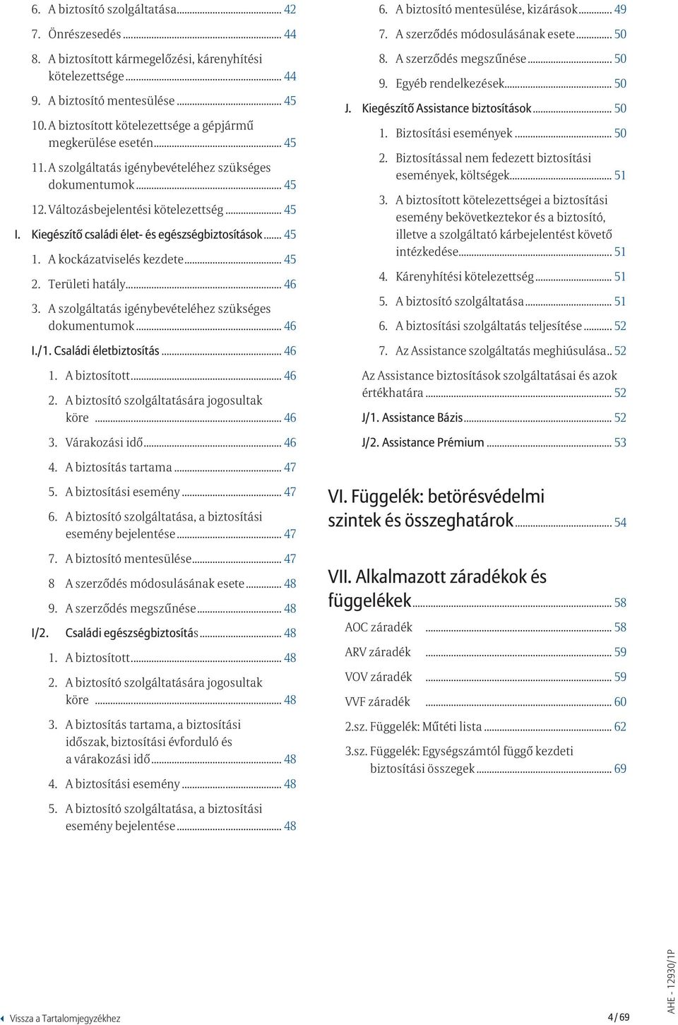 Kiegészítő családi élet- és egészségbiztosítások... 45.. 1. A kockázatviselés kezdete... 45.. 2. Területi hatály... 46.. 3...A szolgáltatás igénybevételéhez szükséges dokumentumok... 46.. I./1.