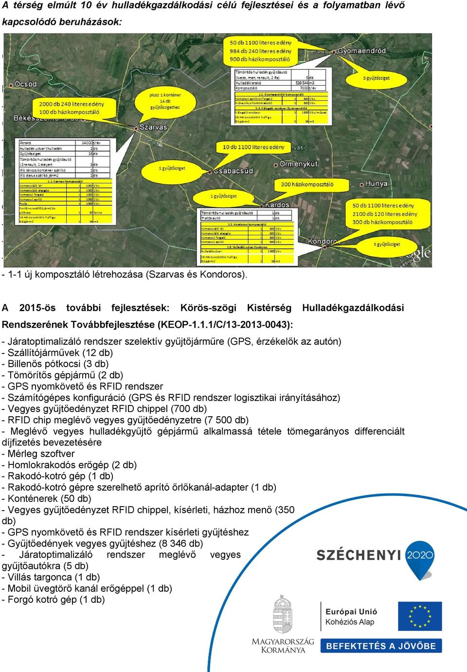 1.1. projekt) KEOP 1.1.1./2F/09 projekt megvalósítás alatt álló elemei: - 2400 db kisebb háztartási komposztáló, 100 db nagyobb háztartási komposztáló edény, (Gyomaendrőd, Szarvas, Kondoros) - 2 db