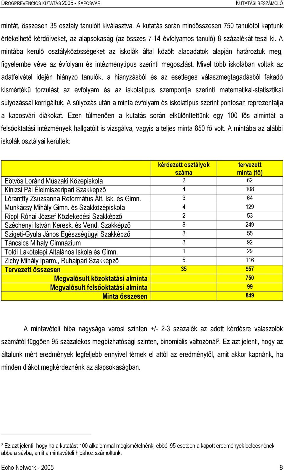 Mivel több iskolában voltak az adatfelvétel idején hiányzó tanulók, a hiányzásból és az esetleges válaszmegtagadásból fakadó kismértékű torzulást az évfolyam és az iskolatípus szempontja szerinti