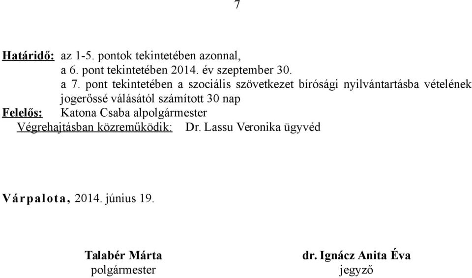 válásától számított 30 nap Felelős: Katona Csaba alpolgármester Végrehajtásban közreműködik: Dr.