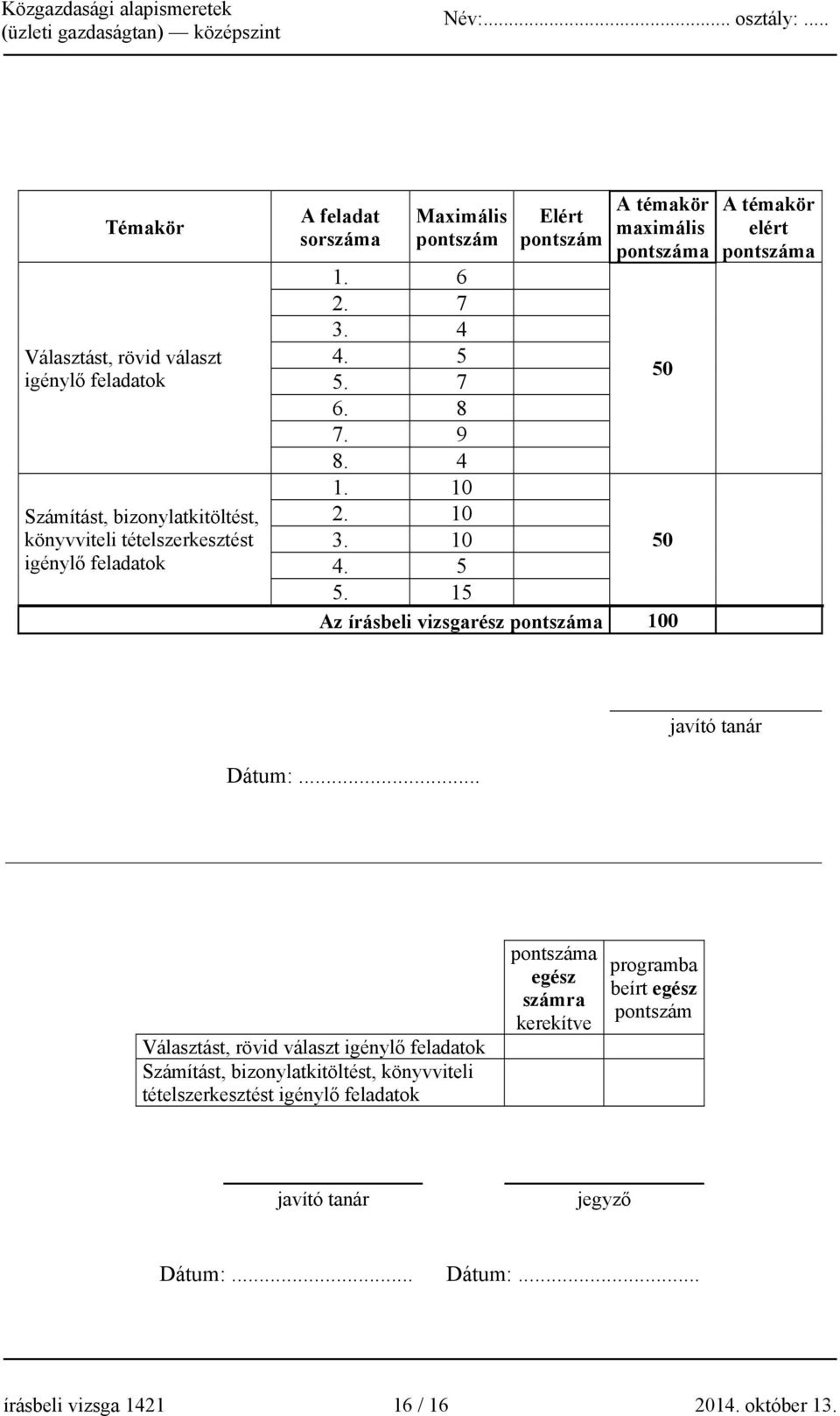 7 50 6. 8 7. 9 8. 4 1. 10 2. 10 3. 10 50 4. 5 5. 15 Az írásbeli vizsgarész pontszáma 100 A témakör elért pontszáma javító tanár Dátum:.