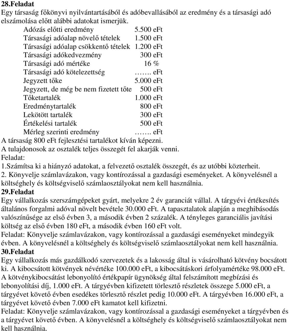 eft Jegyzett tıke 5.000 eft Jegyzett, de még be nem fizetett tıte 500 eft Tıketartalék 1.