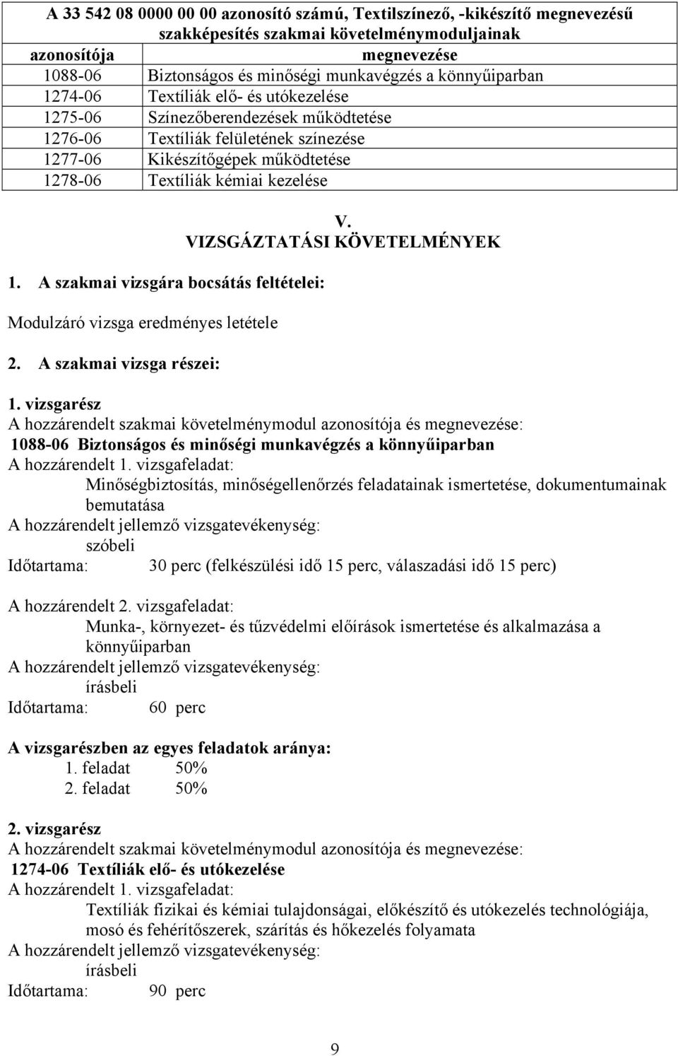 kezelése 1. A szakmai vizsgára bocsátás feltételei: Modulzáró vizsga eredményes letétele 2. A szakmai vizsga részei: V. VIZSGÁZTATÁSI KÖVETELMÉNYEK 1.