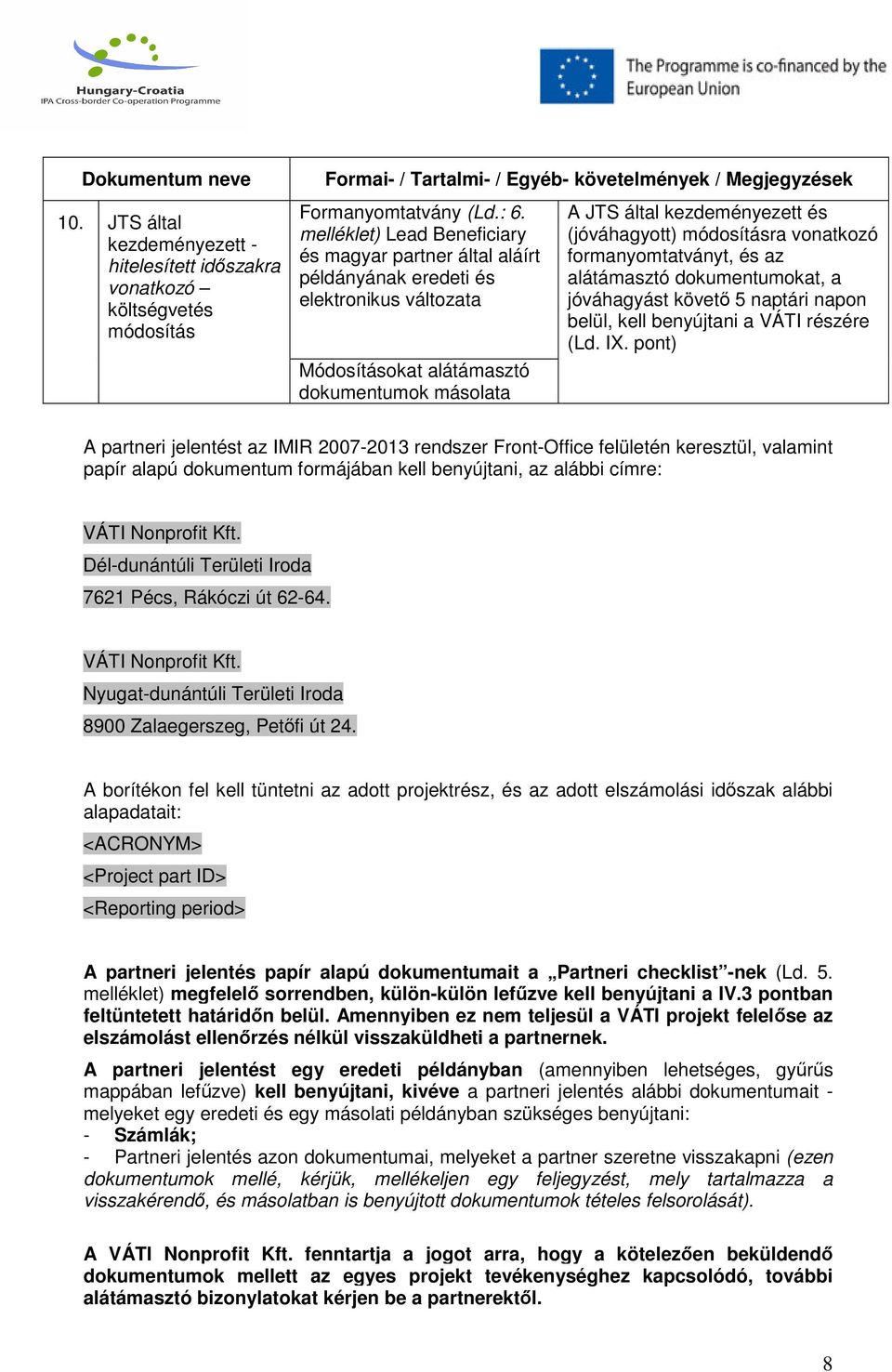 módosításra vonatkozó formanyomtatványt, és az alátámasztó dokumentumokat, a jóváhagyást követő 5 naptári napon belül, kell benyújtani a VÁTI részére (Ld. IX.