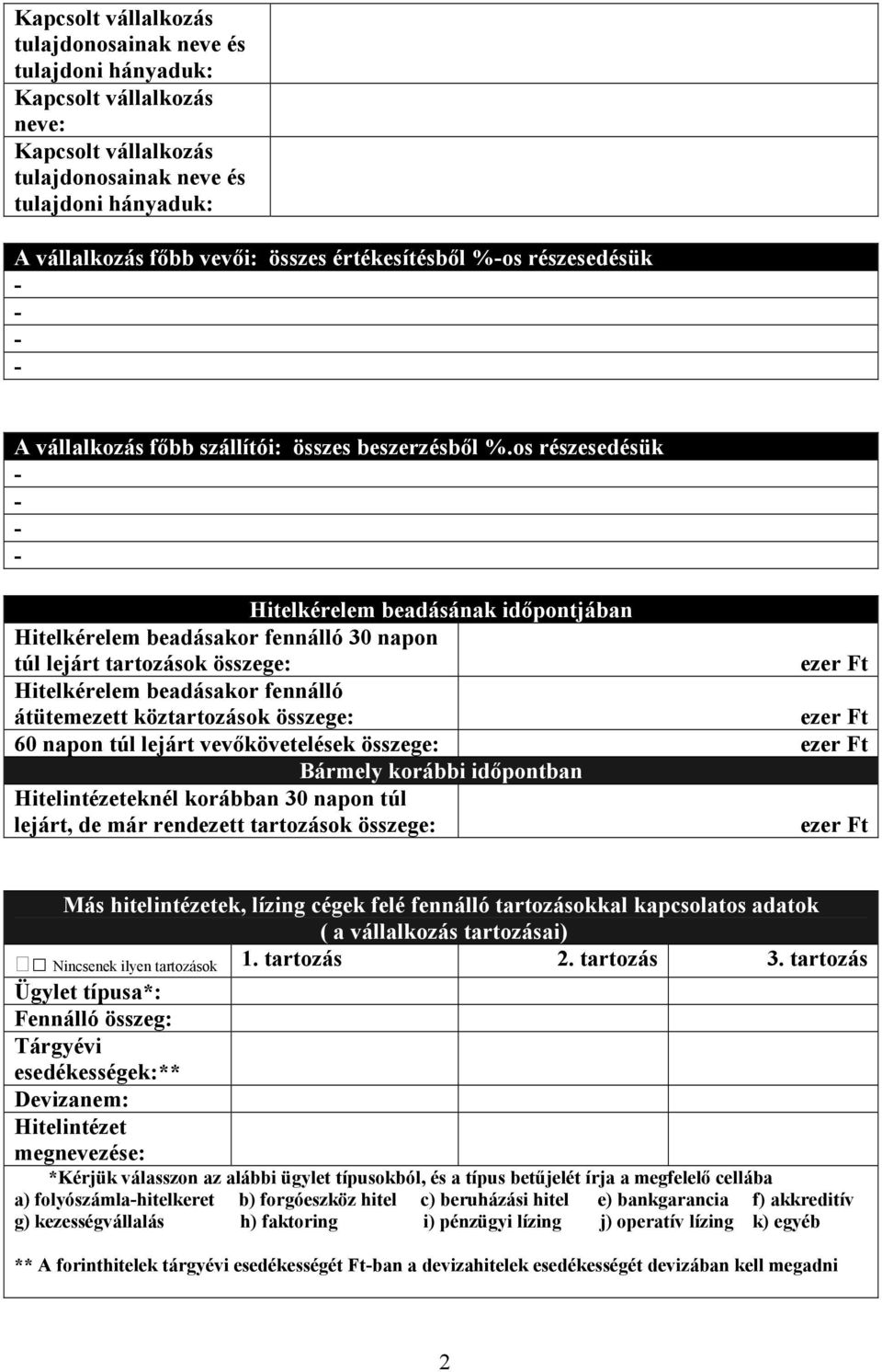 os részesedésük Hitelkérelem beadásának időpontjában Hitelkérelem beadásakor fennálló 30 napon túl lejárt tartozások összege: Hitelkérelem beadásakor fennálló ezer Ft átütemezett köztartozások