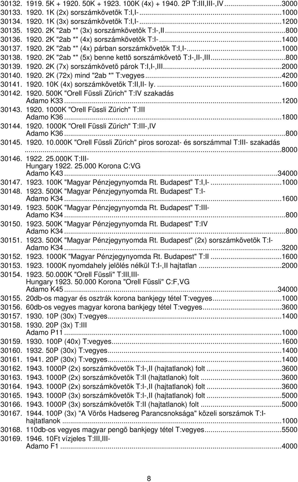 ..800 30139. 1920. 2K (7x) sorszámkövetõ párok T:I,I-,III...2000 30140. 1920. 2K (72x) mind "2ab *" T:vegyes...4200 30141. 1920. 10K (4x) sorszámkövetõk T:II,II- ly....1600 30142. 1920. 500K "Orell Füssli Zürich" T:IV szakadás Adamo K33.