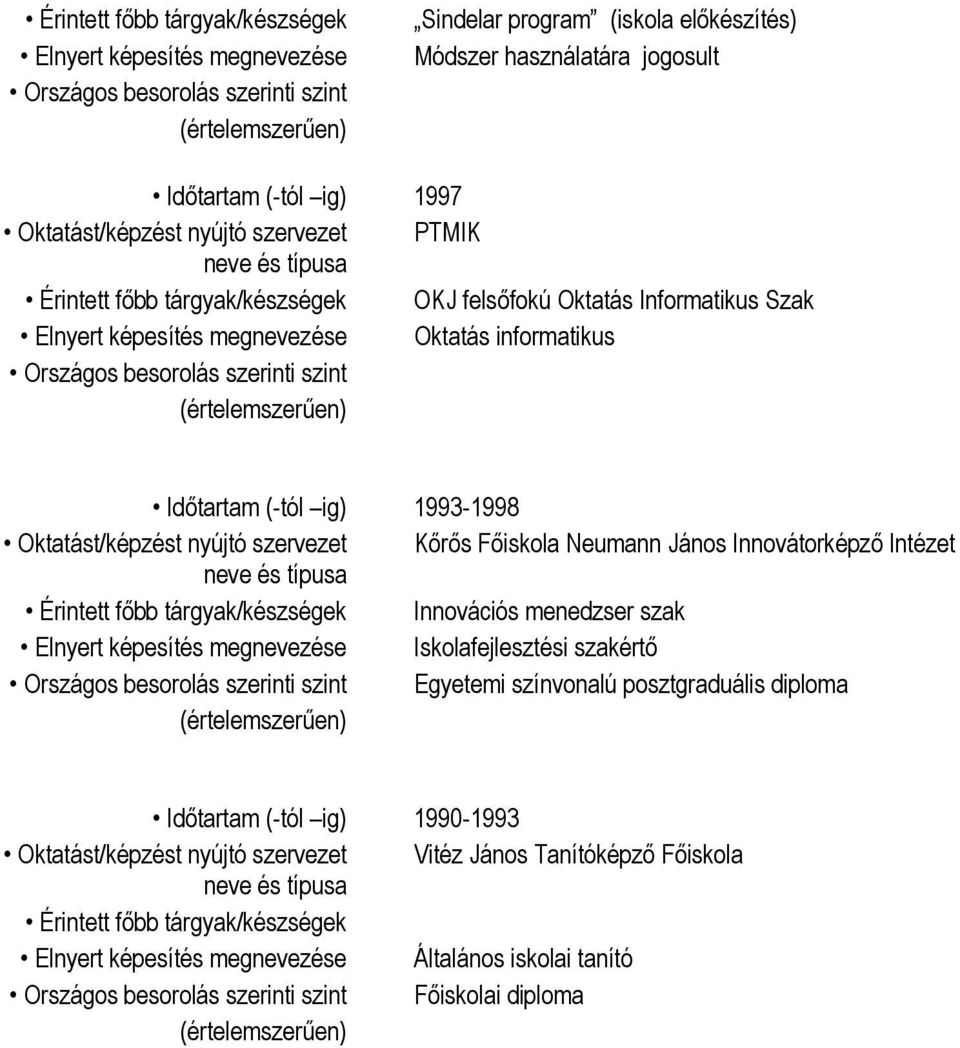 1993-1998 Oktatást/képzést nyújtó szervezet Kőrős Főiskla Neumann Jáns Innvátrképző Intézet Érintett főbb tárgyak/készségek Innvációs menedzser szak Elnyert képesítés megnevezése Isklafejlesztési