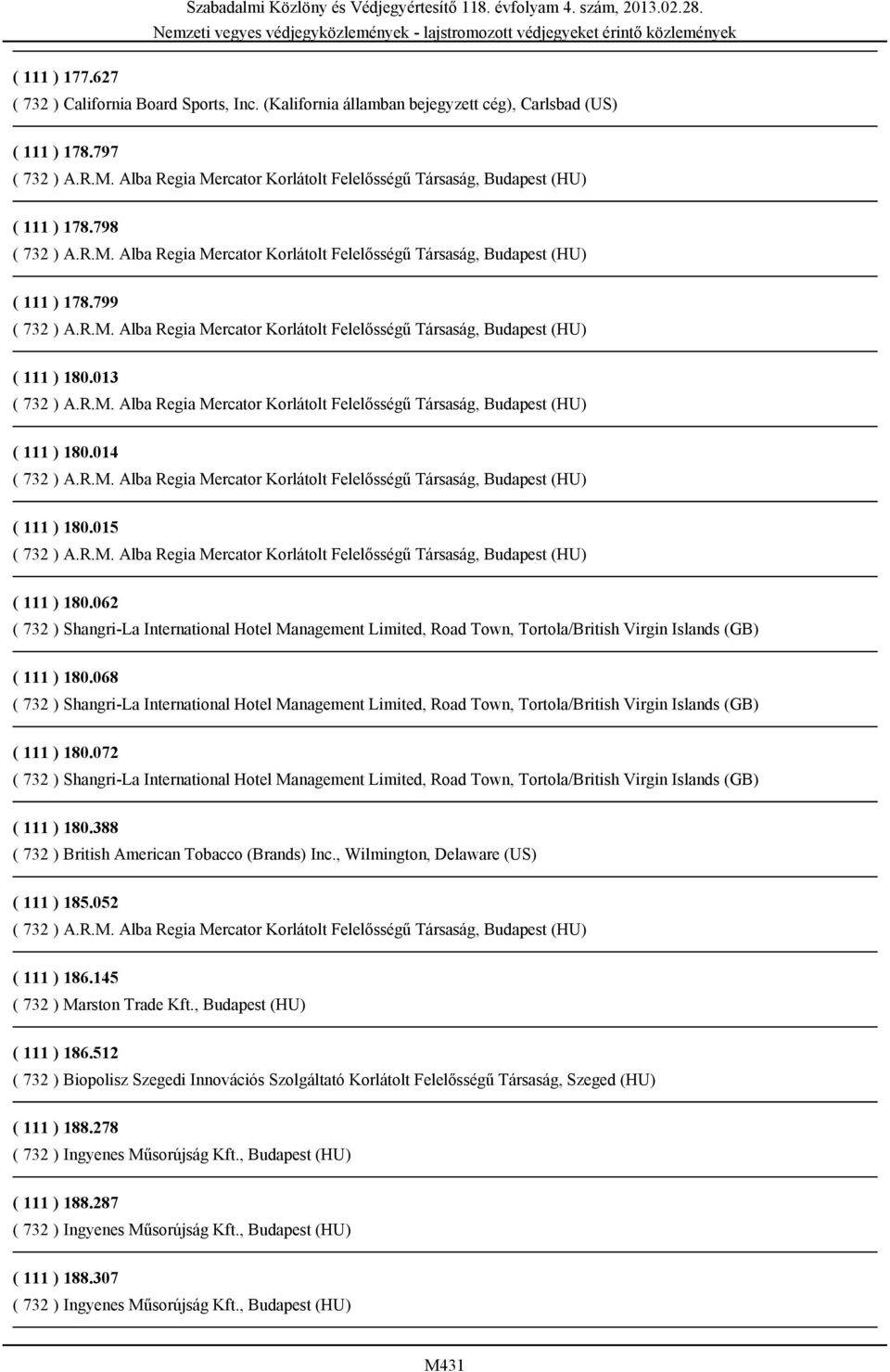 388 ( 732 ) British American Tobacco (Brands) Inc., Wilmington, Delaware (US) ( 111 ) 185.052 ( 111 ) 186.145 ( 732 ) Marston Trade Kft.