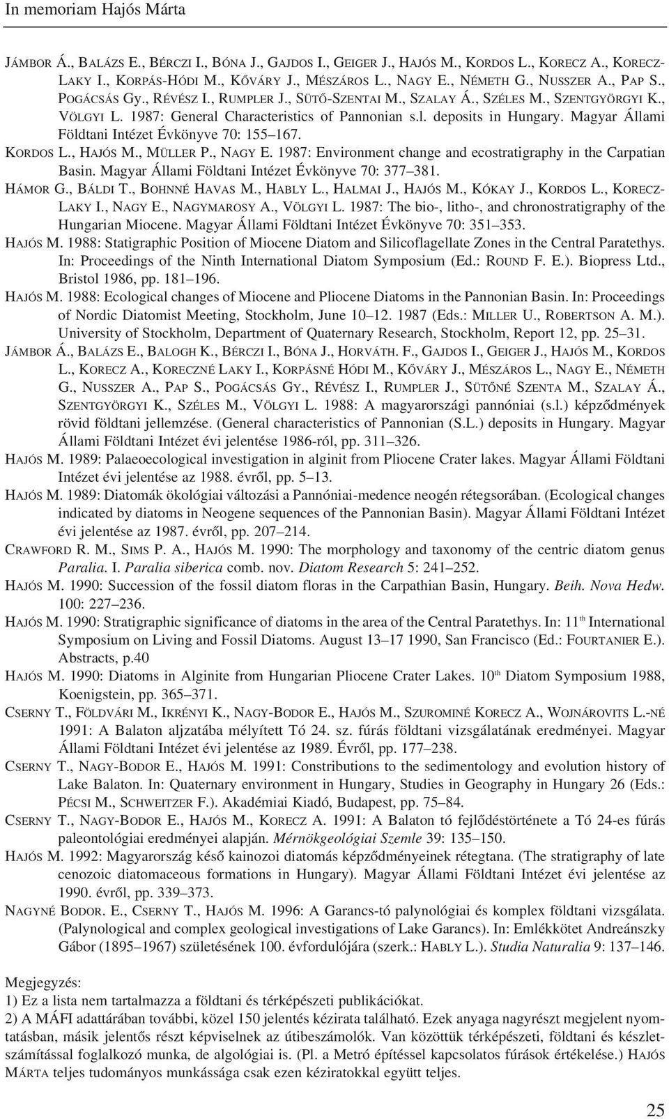 Magyar Állami Földtani Intézet Évkönyve 70: 155 167. KORDOS L., HAJÓS M., MÜLLER P., NAGY E. 1987: Environment change and ecostratigraphy in the Carpatian Basin.