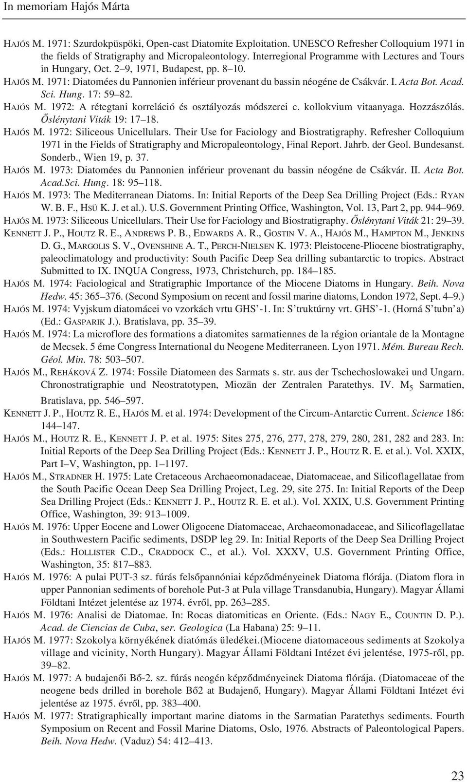 Acad. Sci. Hung. 17: 59 82. HAJÓS M. 1972: A rétegtani korreláció és osztályozás módszerei c. kollokvium vitaanyaga. Hozzászólás. Õslénytani Viták 19: 17 18. HAJÓS M. 1972: Siliceous Unicellulars.
