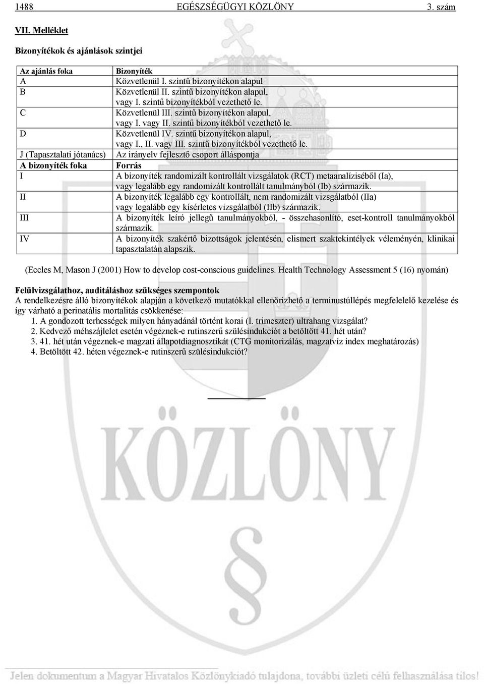 szintű bizonyítékból vezethető le. Közvetlenül IV. szintű bizonyítékon alapul, vagy I., II. vagy III. szintű bizonyítékból vezethető le.