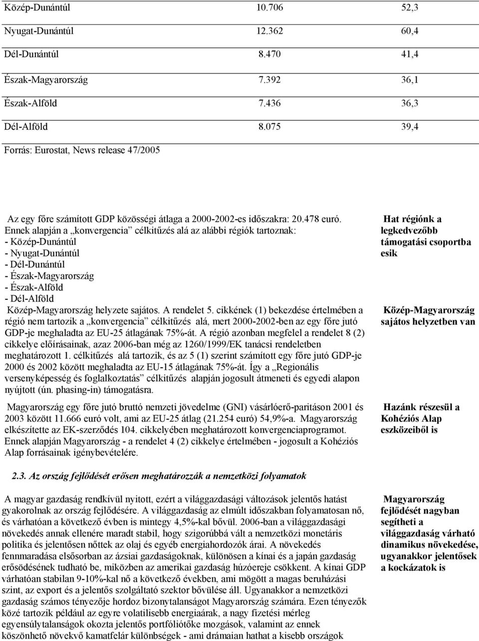 Ennek alapján a konvergencia célkitűzés alá az alábbi régiók tartoznak: - Közép-Dunántúl - Nyugat-Dunántúl - Dél-Dunántúl - Észak-Magyarország - Észak-Alföld - Dél-Alföld Közép-Magyarország helyzete