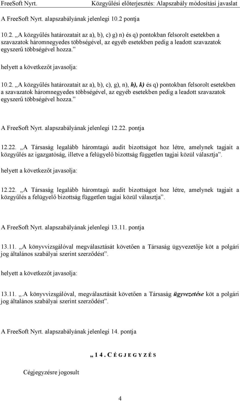 A közgyűlés határozatait az a), b), c) g) n) és q) pontokban felsorolt esetekben a szavazatok háromnegyedes többségével, az egyéb esetekben pedig a leadott szavazatok egyszerű többségével hozza. 10.2.