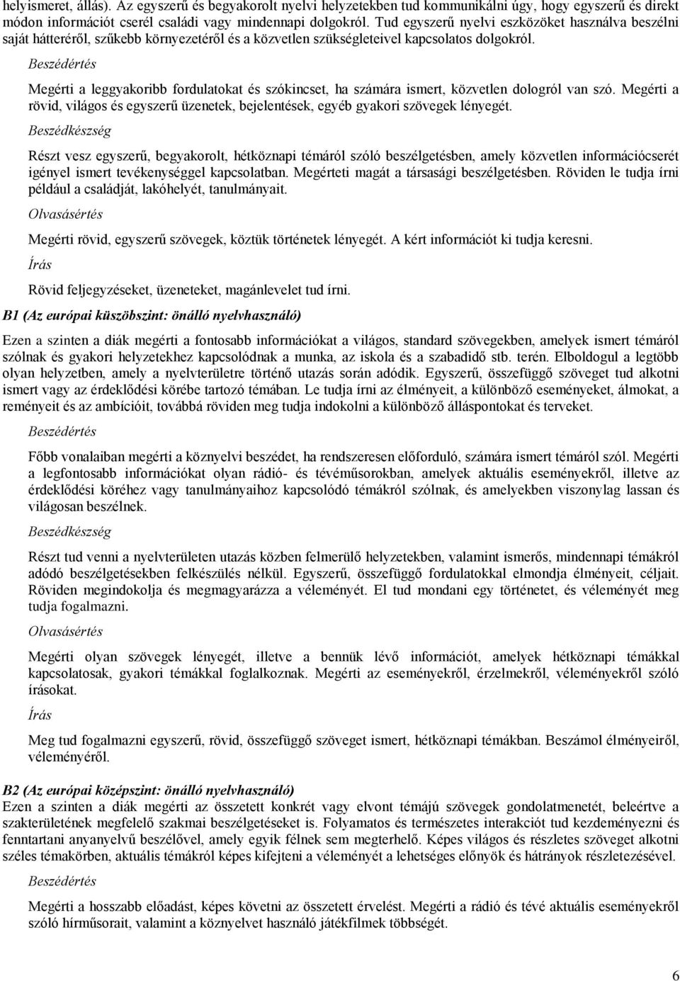 Beszédértés Megérti a leggyakoribb fordulatokat és szókincset, ha számára ismert, közvetlen dologról van szó.