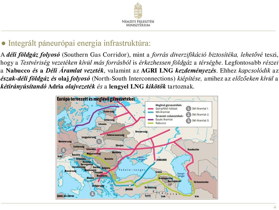 Legfontosabb részei a Nabucco és a Déli Áramlat vezeték, valamint az AGRI LNG kezdeményezés.