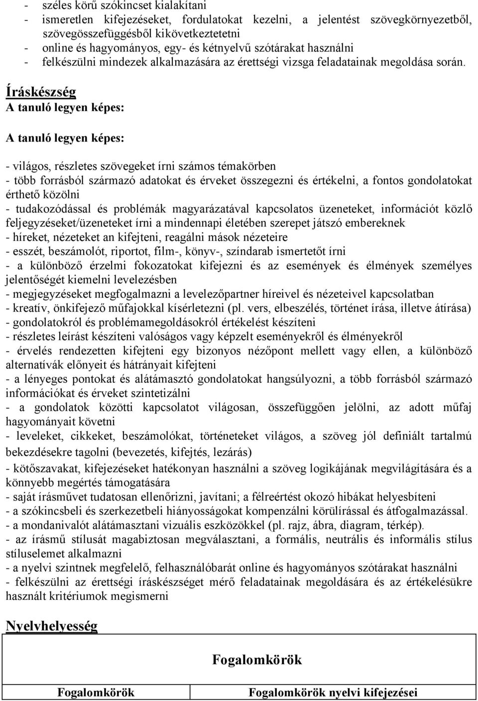 Íráskészség - világos, részletes szövegeket írni számos témakörben - több forrásból származó adatokat és érveket összegezni és értékelni, a fontos gondolatokat érthető közölni - tudakozódással és