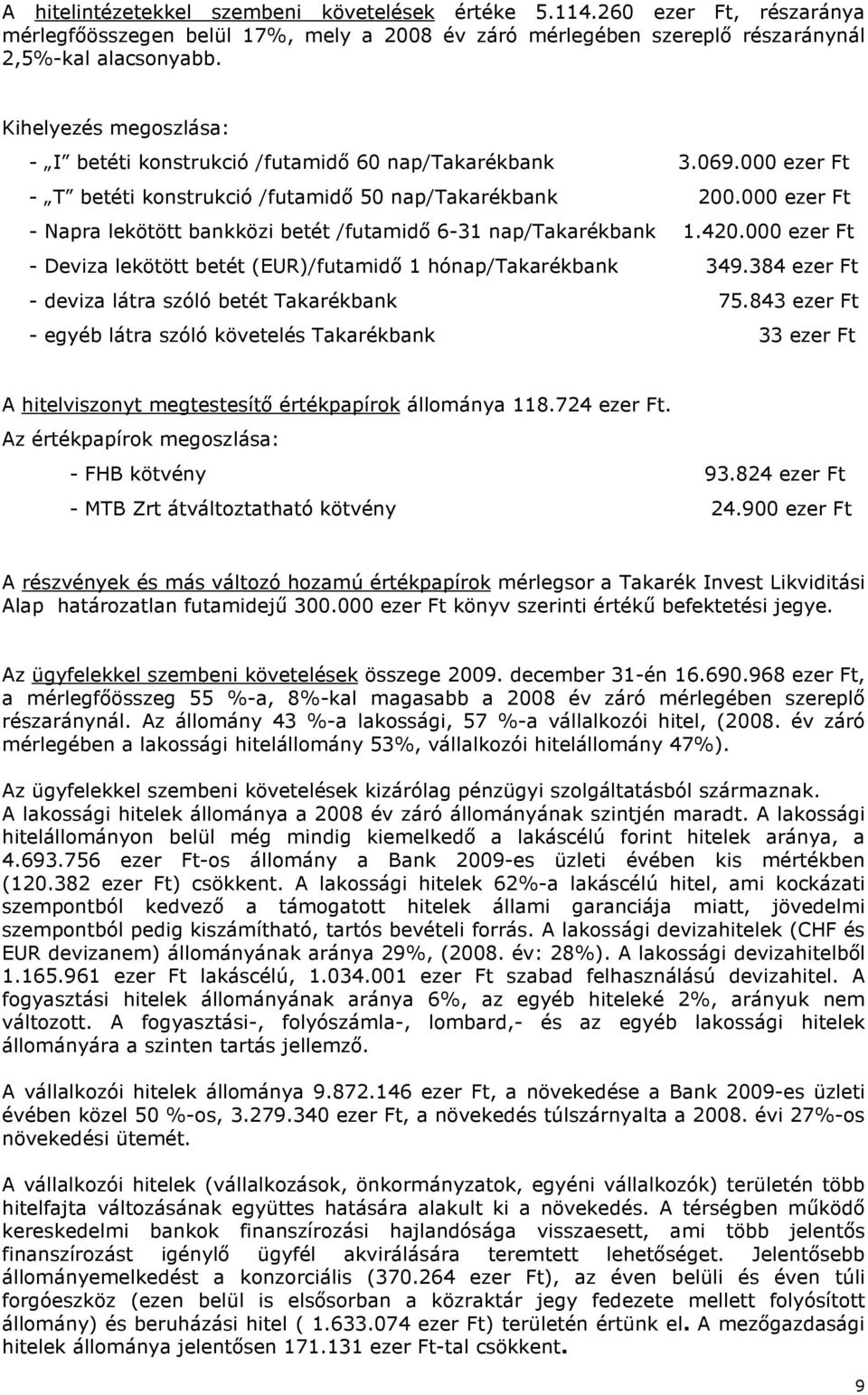 000 ezer Ft - Napra lekötött bankközi betét /futamidı 6-31 nap/takarékbank 1.420.000 ezer Ft - Deviza lekötött betét (EUR)/futamidı 1 hónap/takarékbank 349.