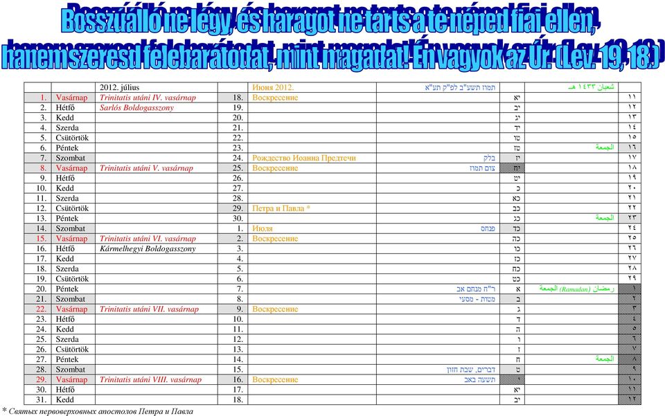 יט ١٩ 10. Kedd 27. כ ٢٠ 11. Szerda 28. כא ٢١ 12. Csütörtök 29. * Павла Петра и כב ٢٢ 13. Péntek 30. כג الجمعة ٢٣ 14. Szombat 1. Июля פנחס כד ٢٤ 15. Vasárnap Trinitatis utáni VI. vasárnap 2.
