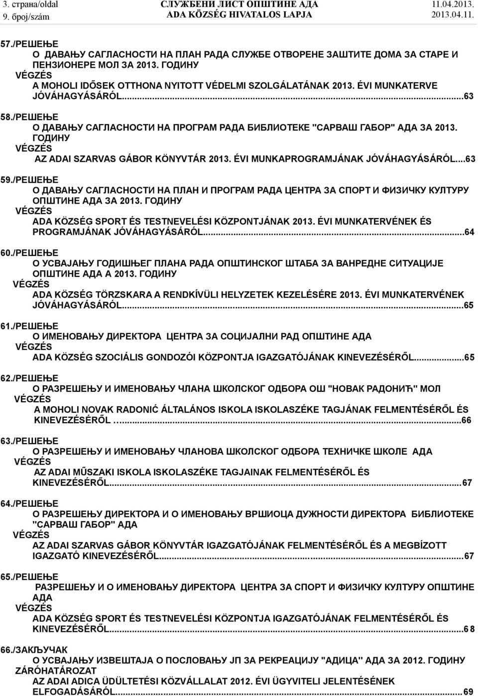 ÉVI MUNKAPROGRAMJÁNAK JÓVÁHAGYÁSÁRÓL...63 59./РЕШЕЊЕ О ДАВАЊУ САГЛАСНОСТИ НА ПЛАН И ПРОГРАМ РАДА ЦЕНТРА ЗА СПОРТ И ФИЗИЧКУ КУЛТУРУ ОПШТИНЕ АДА ЗА 2013.