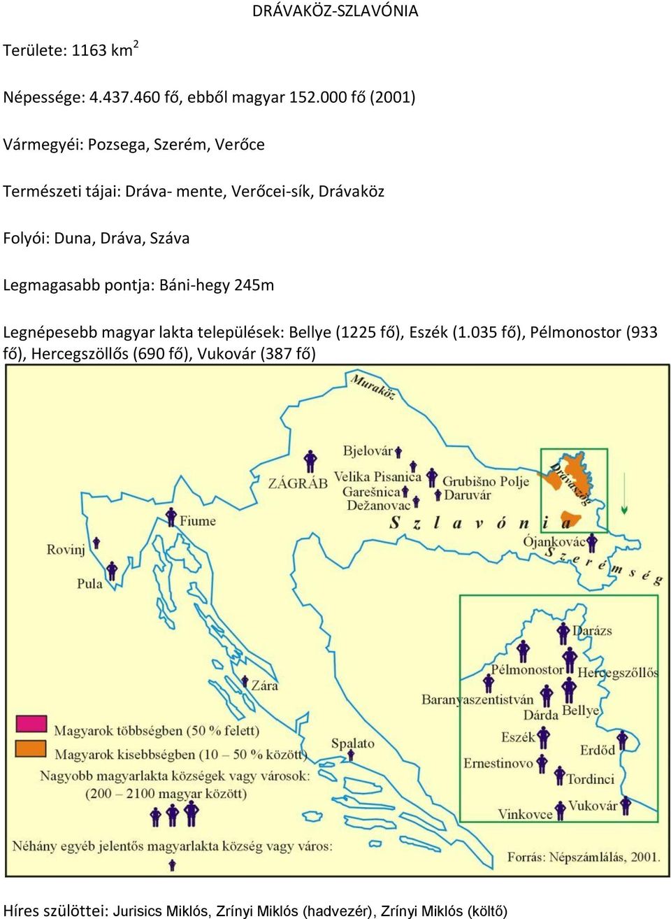 Duna, Dráva, Száva Legmagasabb pontja: Báni-hegy 245m Legnépesebb magyar lakta települések: Bellye (1225 fő), Eszék