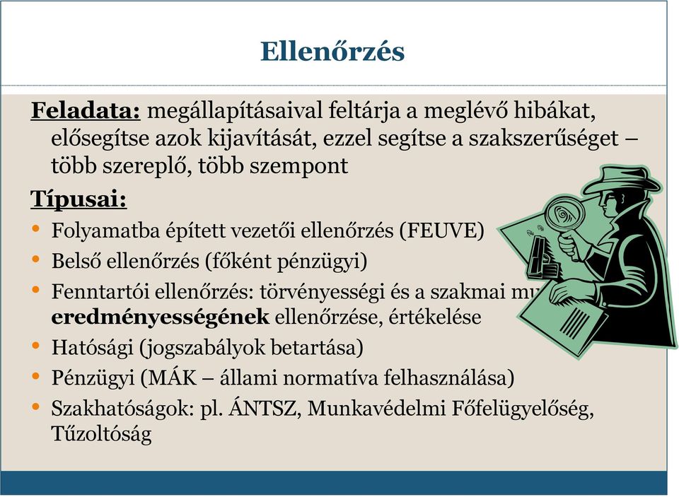 (főként pénzügyi) Fenntartói ellenőrzés: törvényességi és a szakmai munka eredményességének ellenőrzése, értékelése