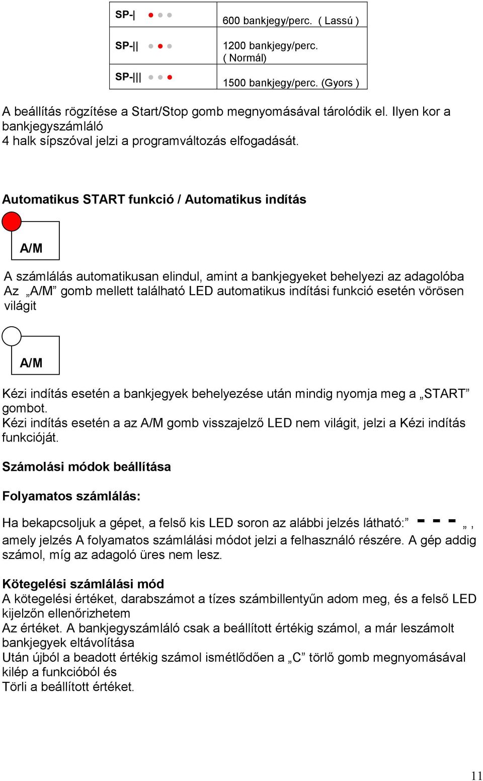 Automatikus START funkció / Automatikus indítás A/M A számlálás automatikusan elindul, amint a bankjegyeket behelyezi az adagolóba Az A/M gomb mellett található LED automatikus indítási funkció