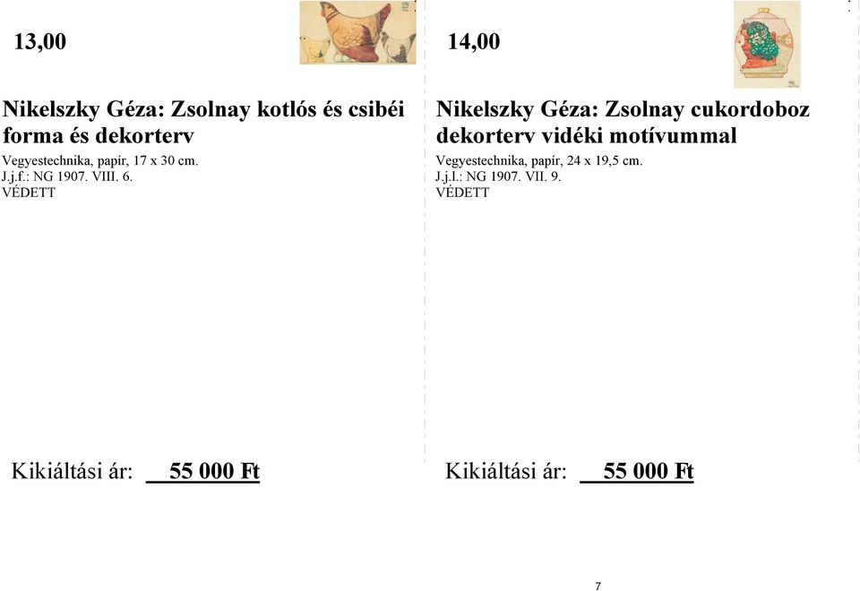 VÉDETT Nikelszky Géza: Zsolnay cukordoboz dekorterv vidéki motívummal