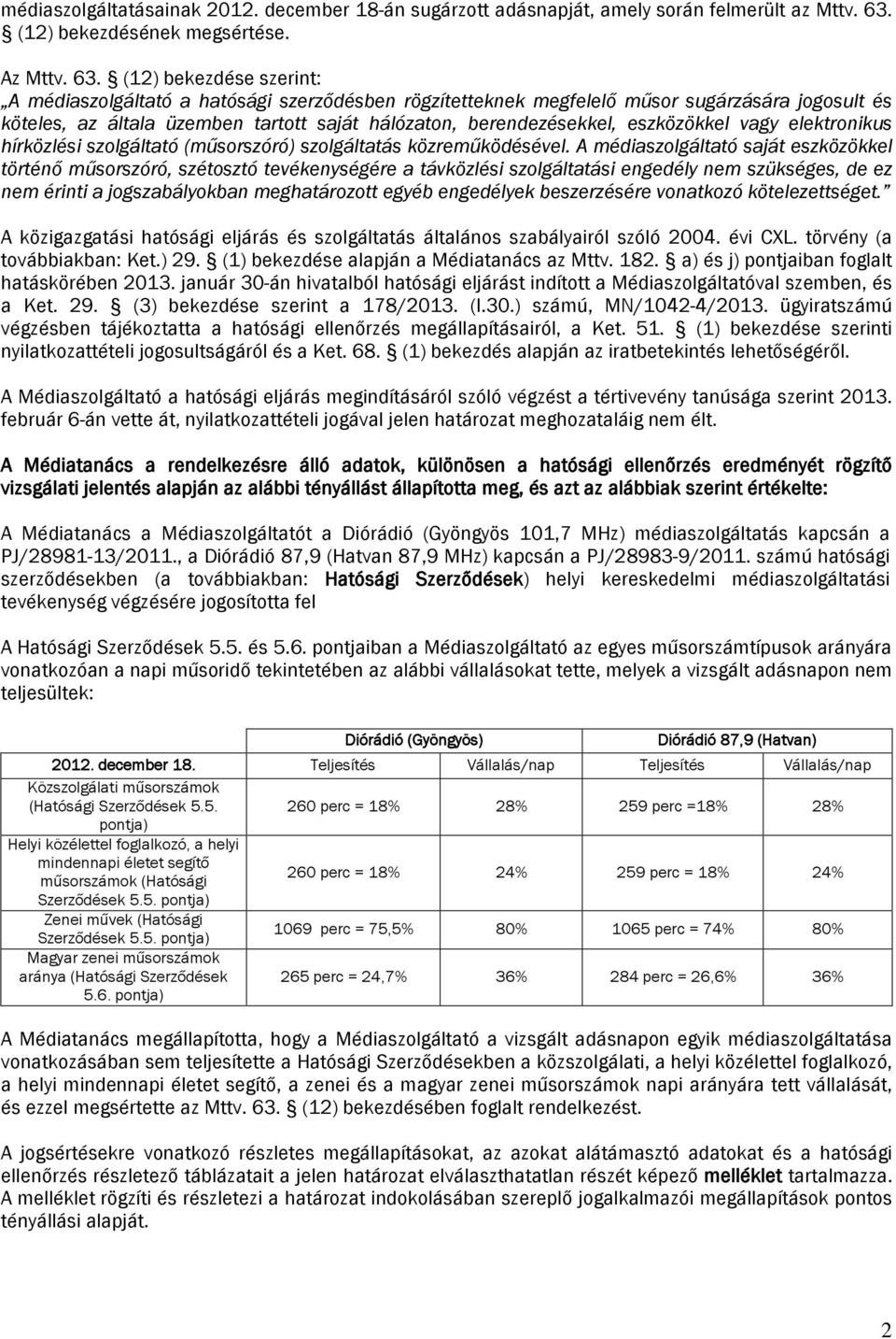 (12) beezdése szerint: A médiaszolgáltató a hatósági szerződésben rögzítettene megfelelő műsor sugárzására jogosult és öteles, az általa üzemben tartott saját hálózaton, berendezéseel, eszözöel vagy