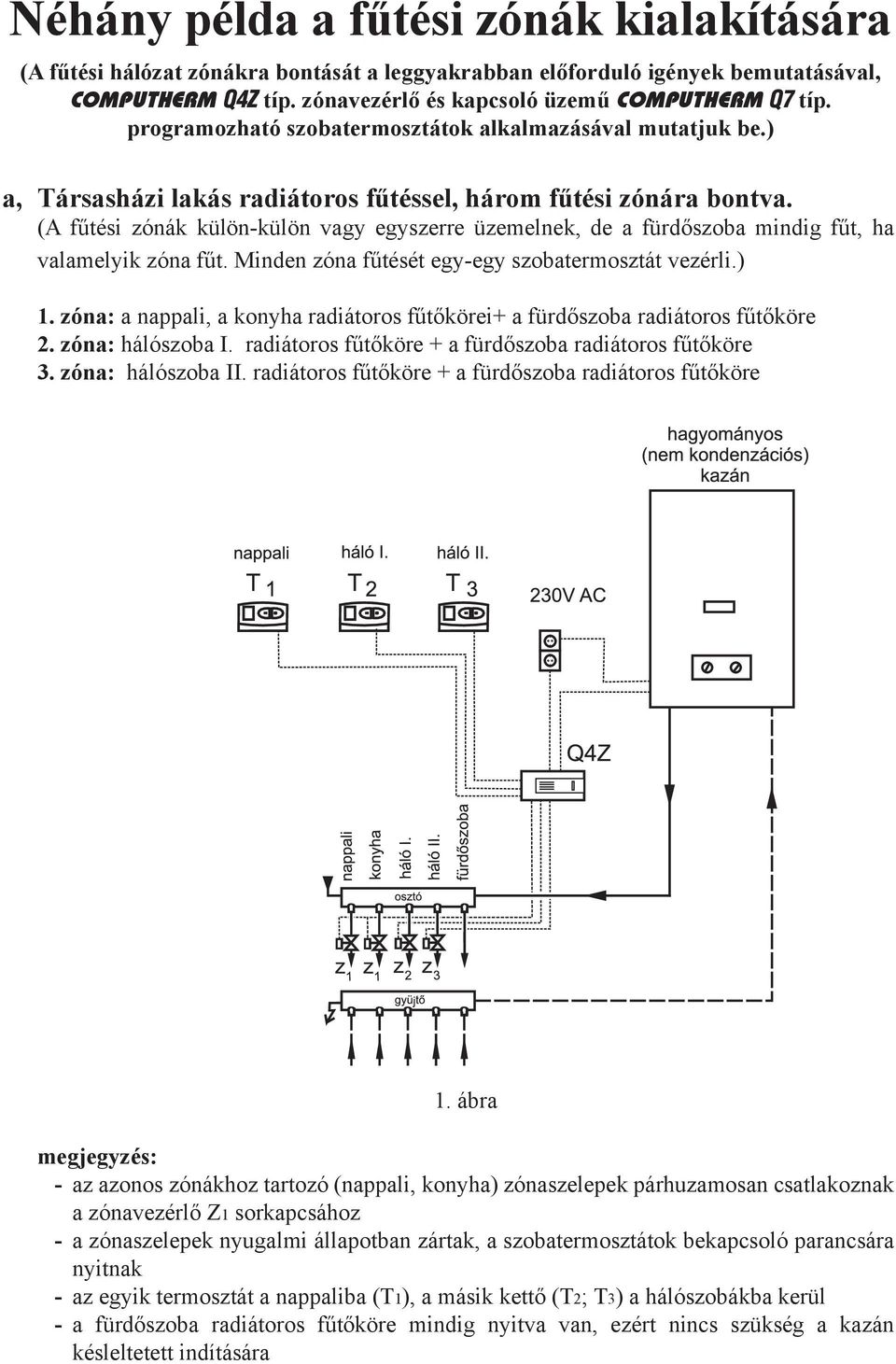 (A fűtési zónák külön-külön vagy egyszerre üzemelnek, de a fürdőszoba mindig fűt, ha valamelyik zóna fűt. Minden zóna fűtését egy-egy szobatermosztát vezérli.) 1.