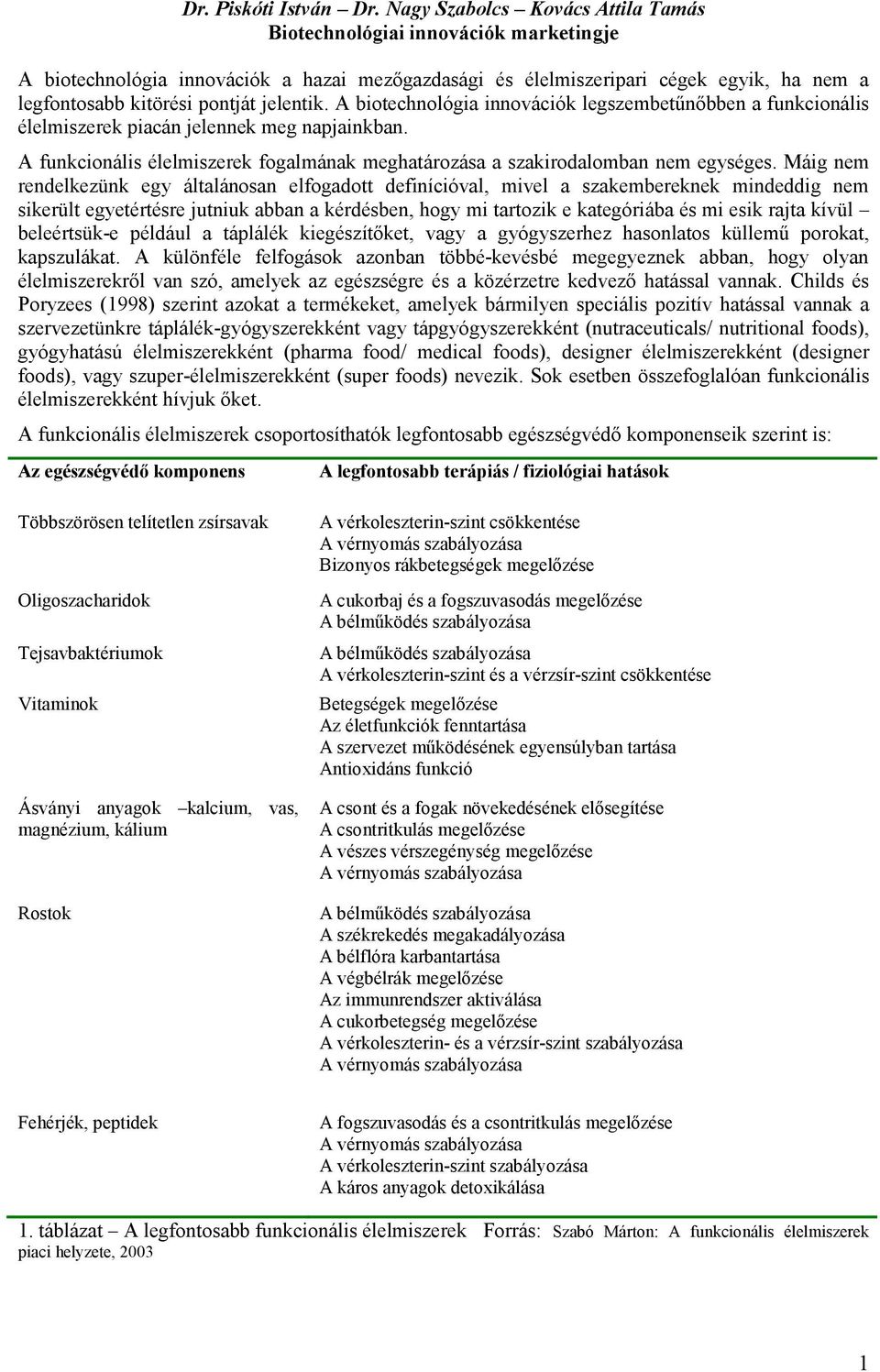 A bitechnlógia innvációk legszembetűnőbben a funkcinális élelmiszerek piacán jelennek meg napjainkban. A funkcinális élelmiszerek fgalmának meghatárzása a szakirdalmban nem egységes.