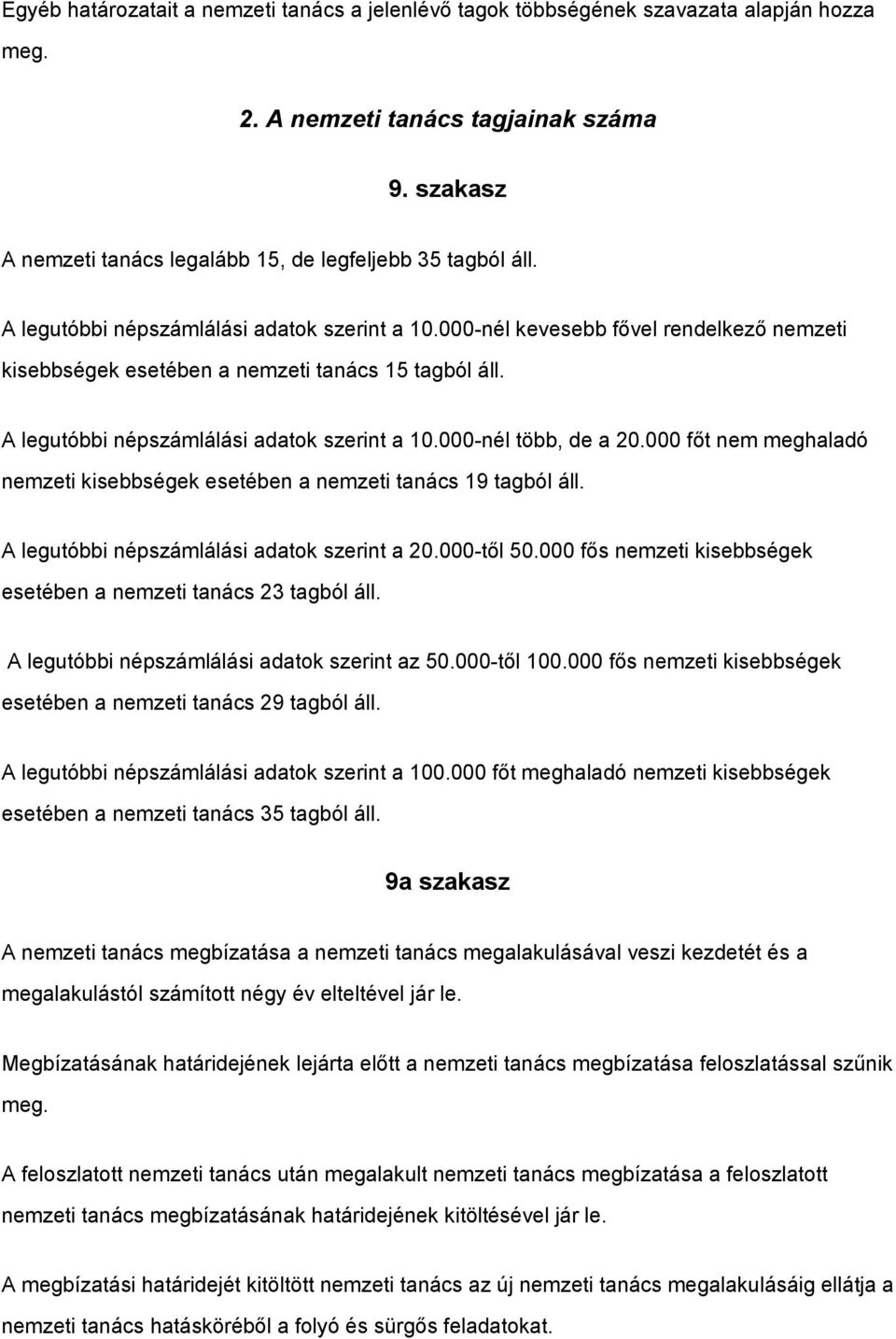 000-nél több, de a 20.000 főt nem meghaladó nemzeti kisebbségek esetében a nemzeti tanács 19 tagból áll. A legutóbbi népszámlálási adatok szerint a 20.000-től 50.