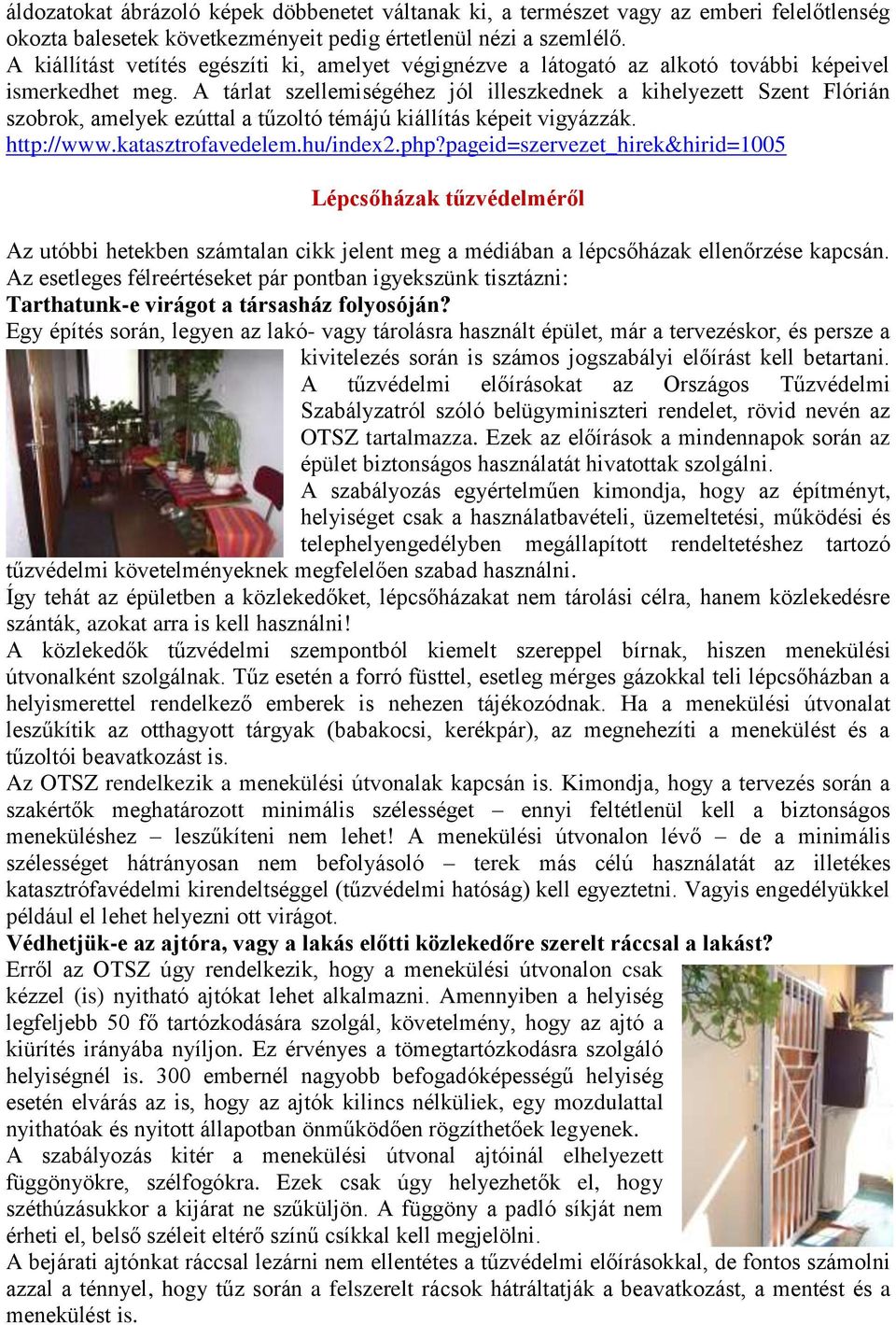A tárlat szellemiségéhez jól illeszkednek a kihelyezett Szent Flórián szobrok, amelyek ezúttal a tűzoltó témájú kiállítás képeit vigyázzák. http://www.katasztrofavedelem.hu/index2.php?