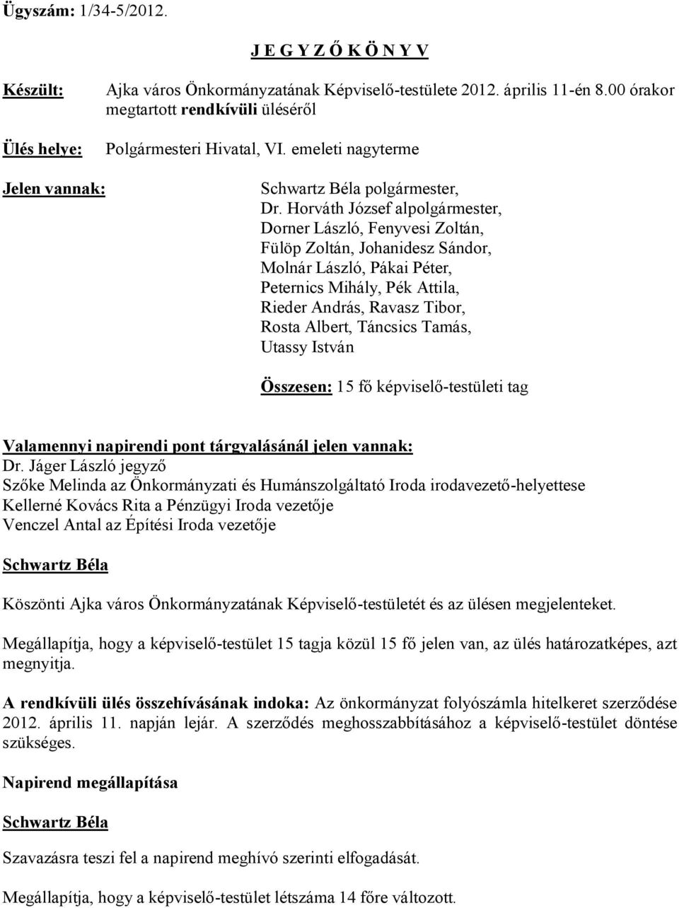 Horváth József alpolgármester, Dorner László, Fenyvesi Zoltán, Fülöp Zoltán, Johanidesz Sándor, Molnár László, Pákai Péter, Peternics Mihály, Pék Attila, Rieder András, Ravasz Tibor, Rosta Albert,