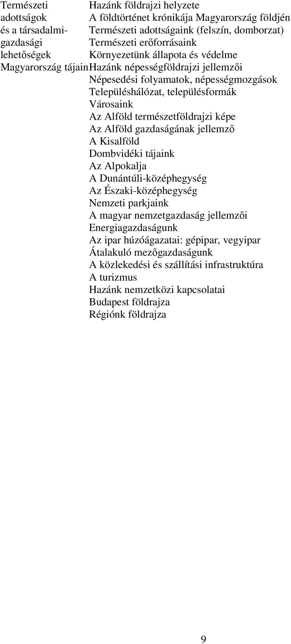 természetföldrajzi képe Az Alföld gazdaságának jellemző A Kisalföld Dombvidéki tájaink Az Alpokalja A Dunántúli-középhegység Az Északi-középhegység Nemzeti parkjaink A magyar nemzetgazdaság
