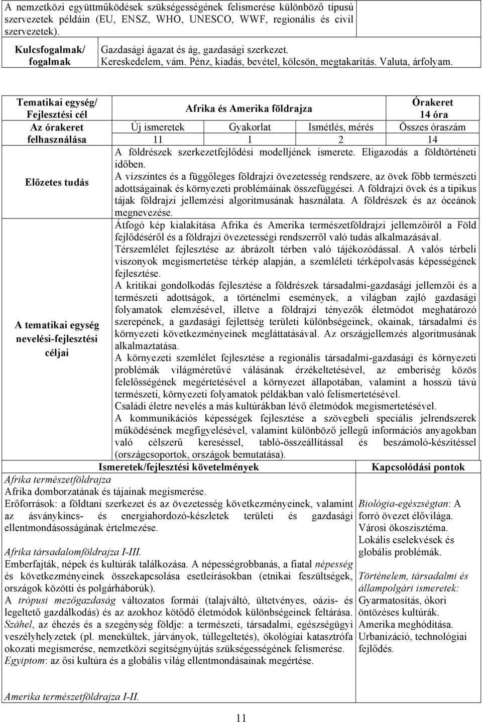 Tematikai egység/ Afrika és Amerika földrajza 14 óra Az órakeret Új ismeretek Gyakorlat Ismétlés, mérés Összes óraszám felhasználása 11 1 2 14 A földrészek szerkezetfejlődési modelljének ismerete.