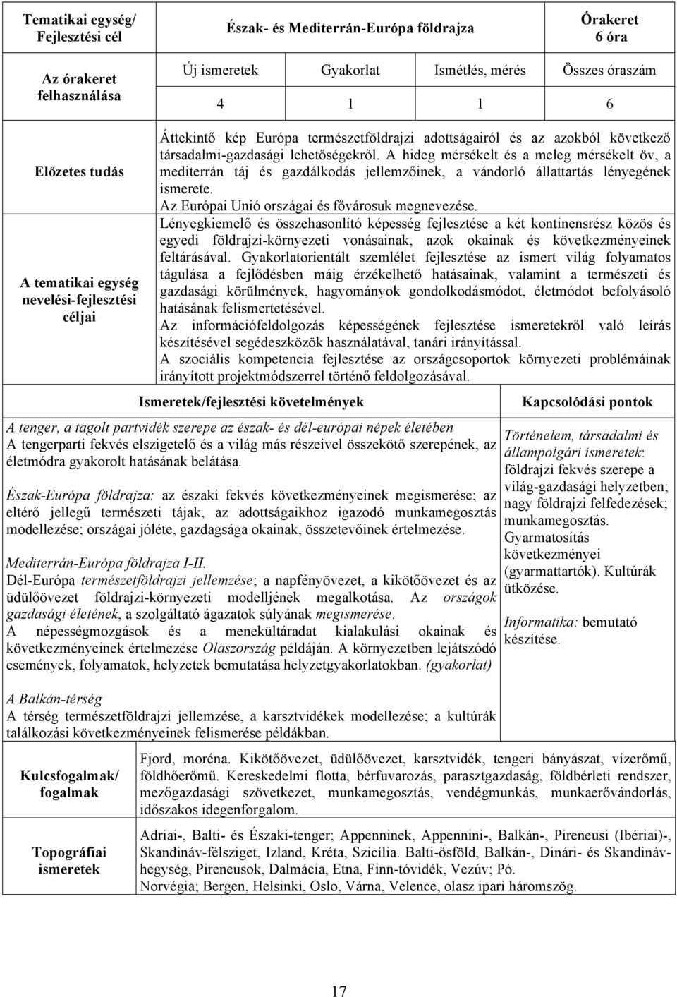 A hideg mérsékelt és a meleg mérsékelt öv, a mediterrán táj és gazdálkodás jellemzőinek, a vándorló állattartás lényegének ismerete. Az Európai Unió országai és fővárosuk megnevezése.
