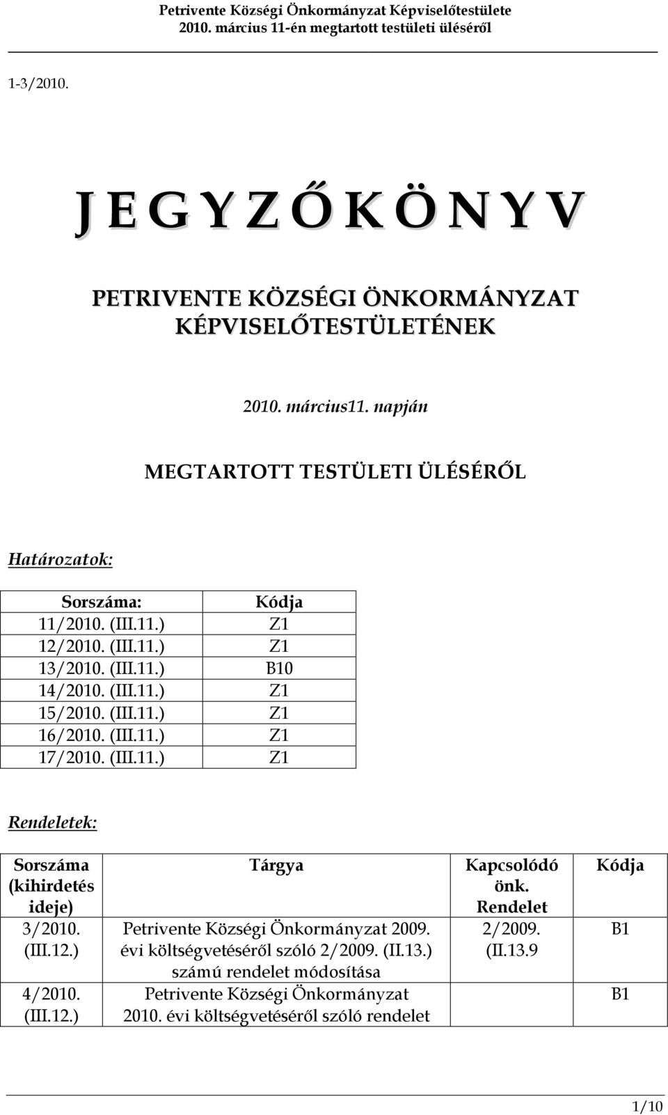 (III.11.) Z1 16/2010. (III.11.) Z1 17/2010. (III.11.) Z1 Rendeletek: Sorszáma (kihirdetés ideje) 3/2010. (III.12.) 4/2010. (III.12.) Tárgya Petrivente Községi Önkormányzat 2009.