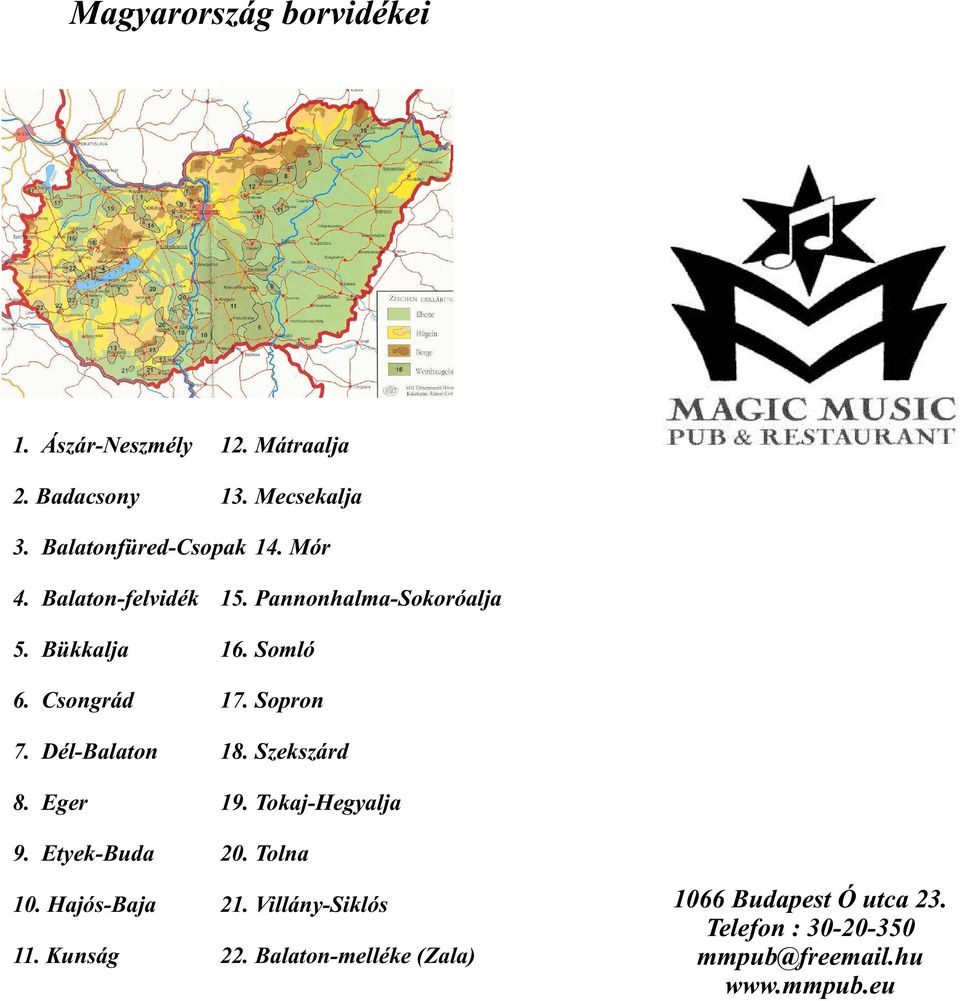 Etyek-Buda 10. Hajós-Baja 11. Kunság 15. Pannonhalma-Sokoróalja 16. Somló 17. Sopron 18. Szekszárd 19.