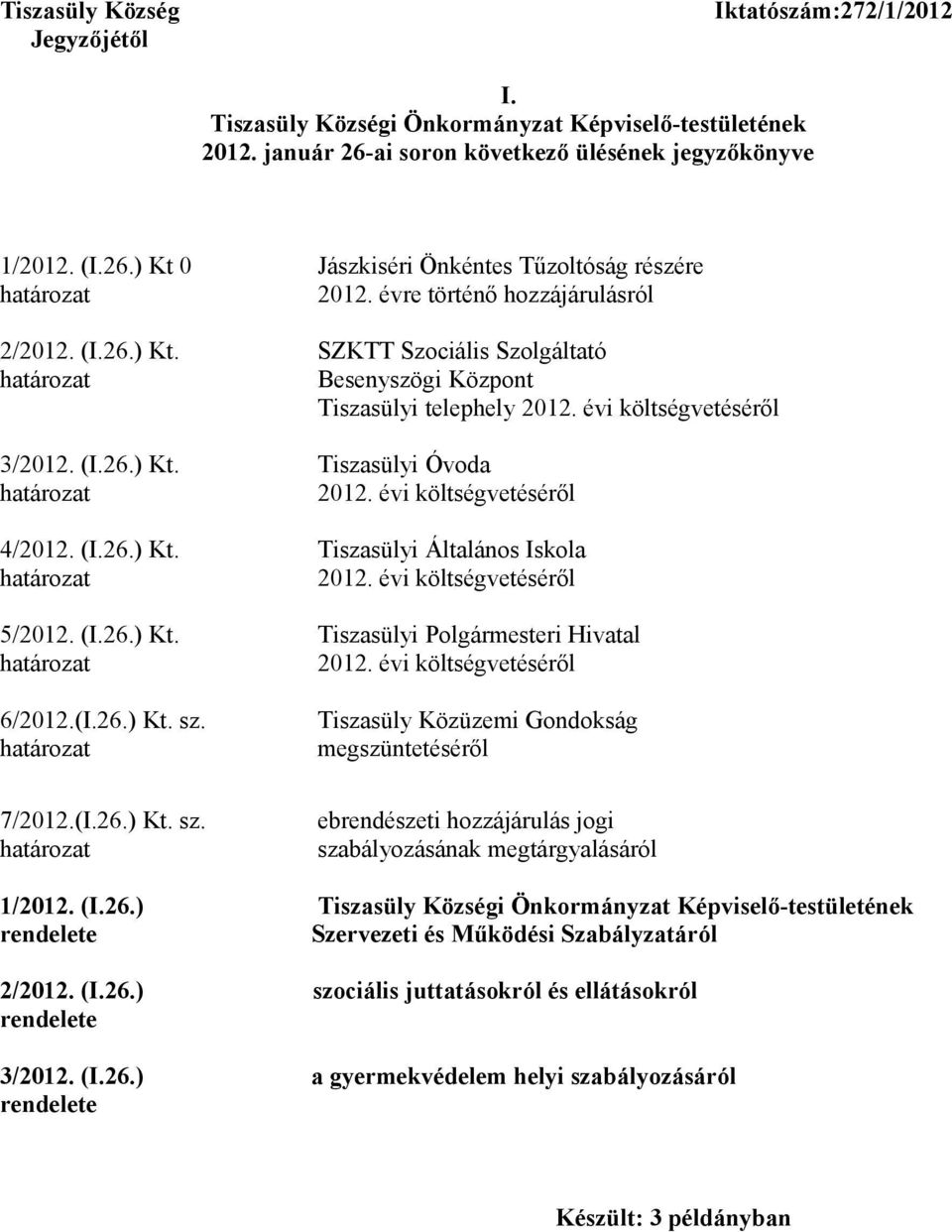 (I.26.) Kt. Tiszasülyi Polgármesteri Hivatal 6/2012.(I.26.) Kt. sz. Tiszasüly Közüzemi Gondokság megszüntetéséről 7/2012.(I.26.) Kt. sz. ebrendészeti hozzájárulás jogi szabályozásának megtárgyalásáról 1/2012.