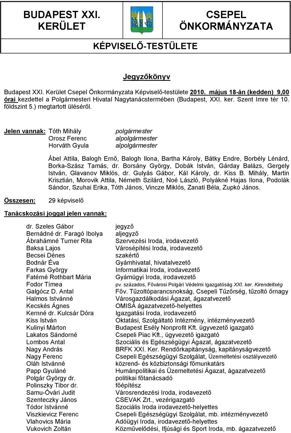 Jelen vannak: Tóth Mihály Orosz Ferenc Horváth Gyula polgármester alpolgármester alpolgármester Ábel Attila, Balogh Ernő, Balogh Ilona, Bartha Károly, Bátky Endre, Borbély Lénárd, Borka-Szász Tamás,